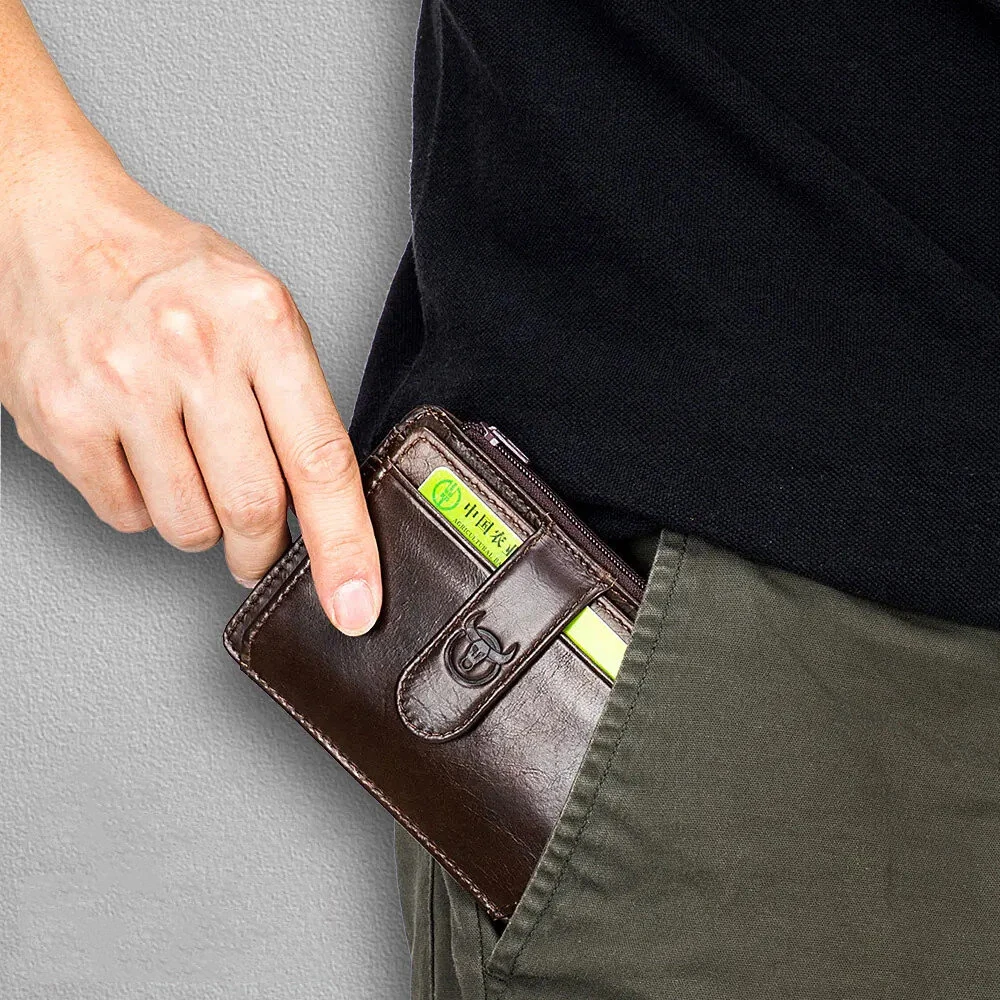 (image for) BULLCAPTAIN Men's Genuine Leather RFID Blocking Wallets, Thin Zipper Short Wallet Multiple Card Slots Coin Purse Holder Mini Business Wallet, Gifts To Mens Birthday
